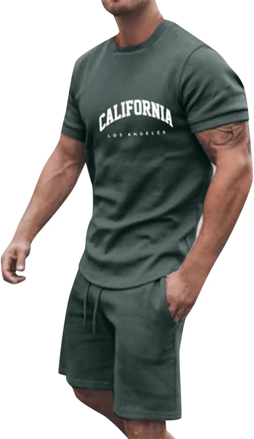 Men's 2 Pieces Short Sets Short Sleeve Crewneck T Shirts Casual Beach Shorts 2024 Summer Yoga Outfits Tracksuits Mens Stretch Khaki Shorts