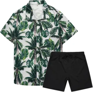Mens Activewear Shirts Tees Men's Hawaiian Shirts and Shorts Set Fashion Tropical Print Short Sets Tracksuit Loose Fit Summer Beach Outfits Baggy Wide Straight Leg