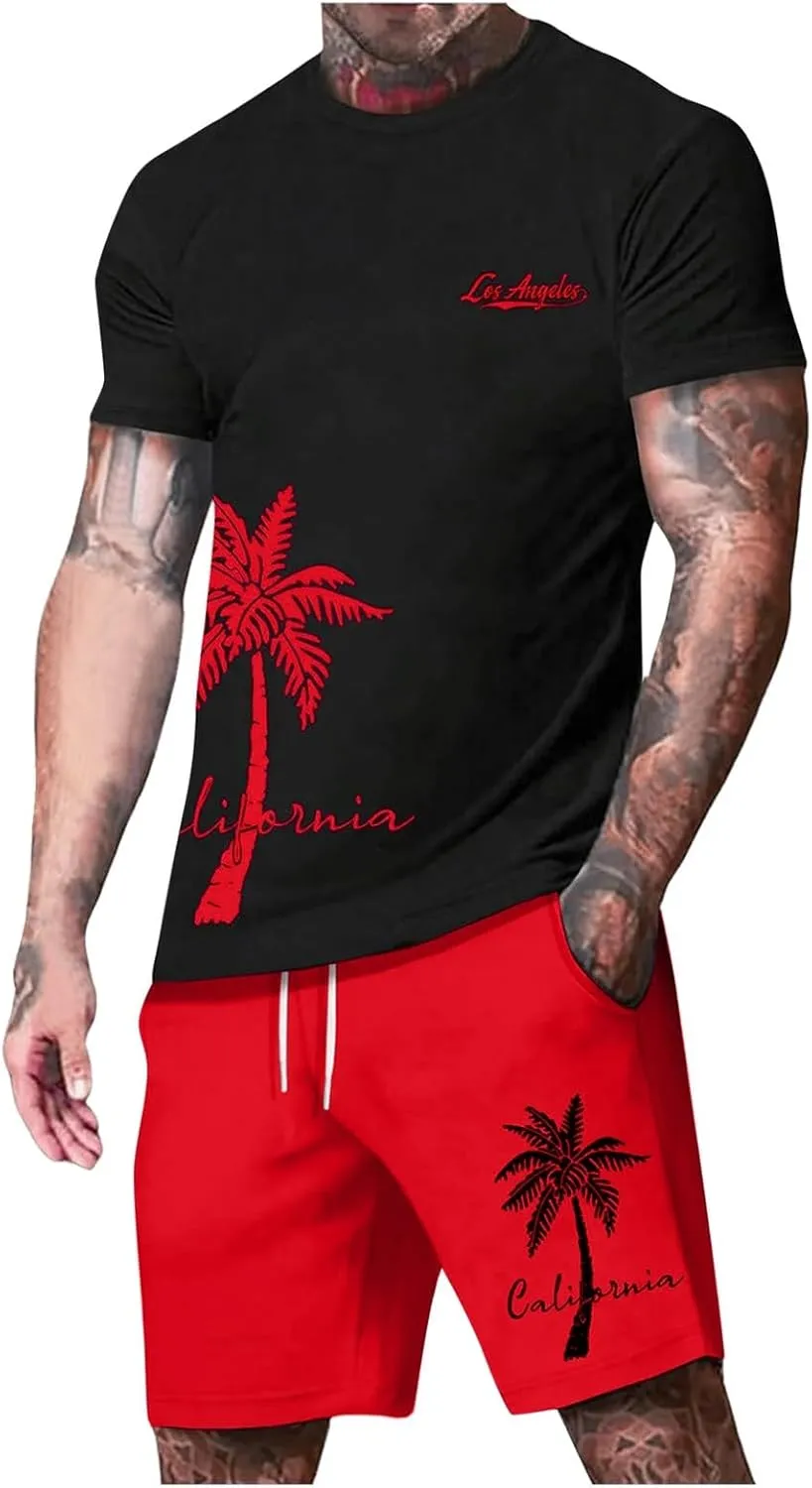 Mens Activewear Tank Tops Men Hawaiian Shirts and Shorts Set Fashion Tropical Print Short Sets Tracksuit Summer Matching Beach Suit Breathable Comfy Red