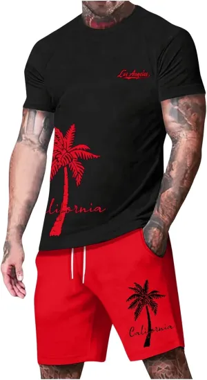 Mens Activewear Tank Tops Men Hawaiian Shirts and Shorts Set Fashion Tropical Print Short Sets Tracksuit Summer Matching Beach Suit Breathable Comfy Red