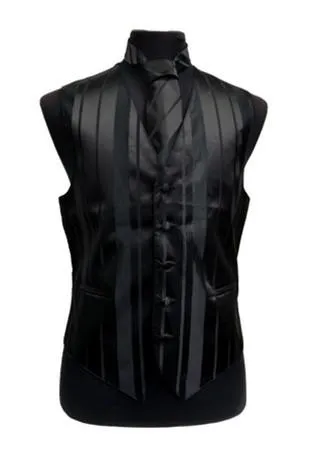 Men's Black Striped Vest with Neck Tie and Bow Tie