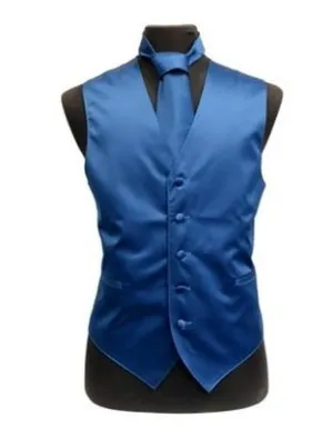 Men's Blue Satin Vest with Neck Tie