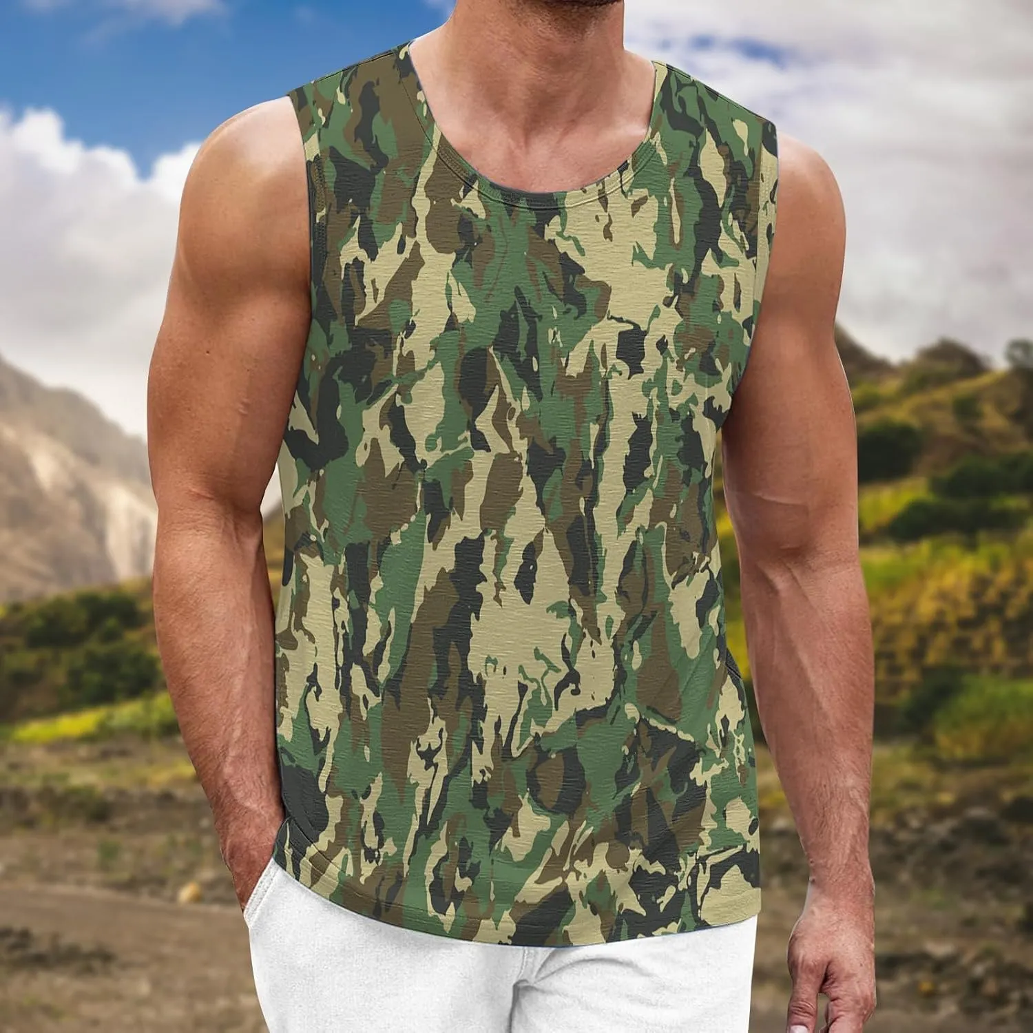 Men's Camo Print Tank Tops Big and Tall Camouflage Wild Sleeveless Vests Drying Athletic Sports Workout Muscle Shirts