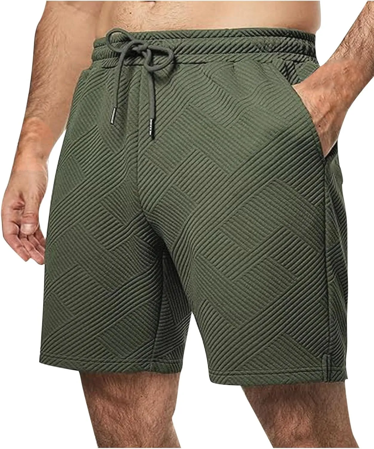 Mens Casual 7" Shorts Casual Elastic Waist Drawstring Pajama Bottoms Summer Sweat Shorts Texture with Pockets