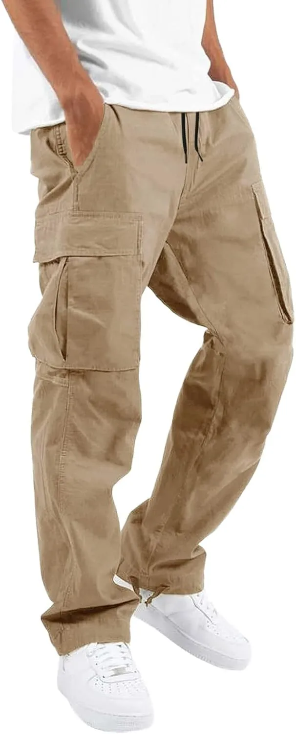 Mens Casual Cargo Pants Loose Fit Straight Leg Trendy Streetwear Hippie Pants Outdoor Activewear Drawstring Joggers