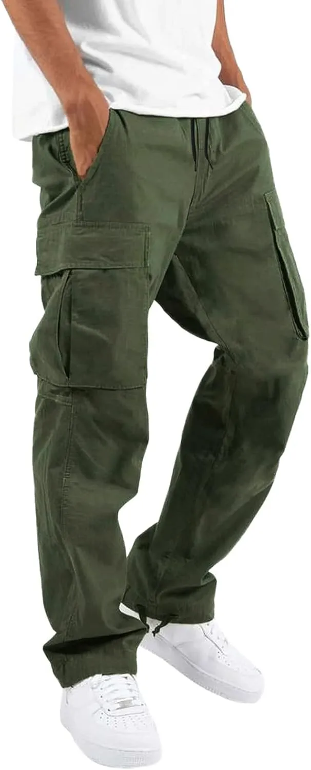 Mens Casual Cargo Pants Loose Fit Straight Leg Trendy Streetwear Hippie Pants Outdoor Activewear Drawstring Joggers