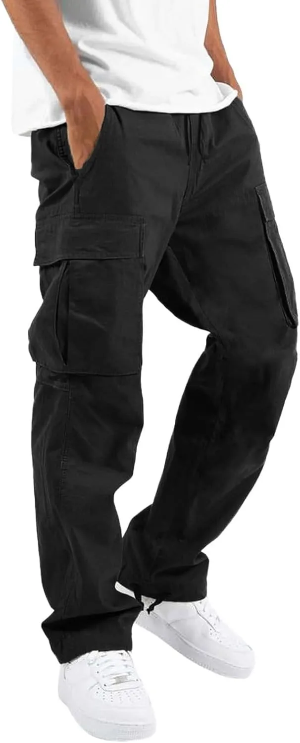Mens Casual Cargo Pants Loose Fit Straight Leg Trendy Streetwear Hippie Pants Outdoor Activewear Drawstring Joggers