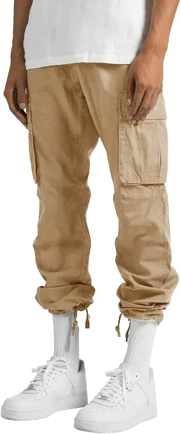 Mens Casual Cargo Pants Loose Fit Straight Leg Trendy Streetwear Hippie Pants Outdoor Activewear Drawstring Joggers