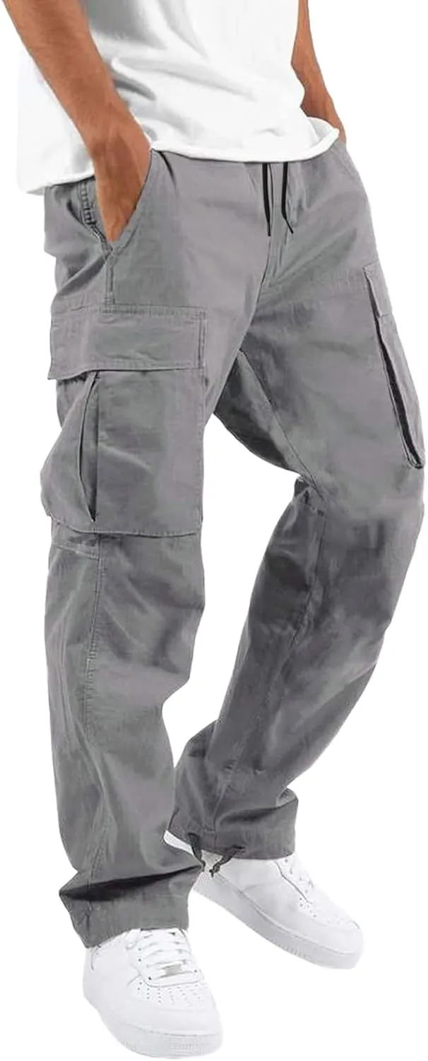 Mens Casual Cargo Pants Loose Fit Straight Leg Trendy Streetwear Hippie Pants Outdoor Activewear Drawstring Joggers