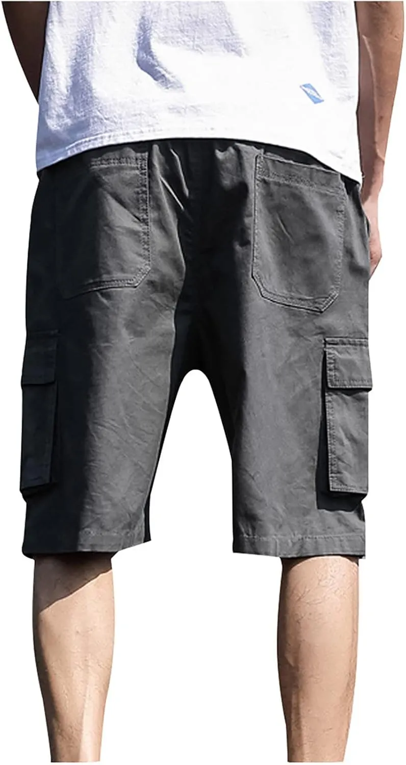 Men's Casual Cargo Shorts Summer Outdoor Drawstring Elastic Waist Workout Gym Athletic Activewear with Multi Pockets
