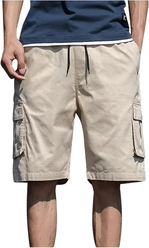Men's Casual Cargo Shorts Summer Outdoor Drawstring Elastic Waist Workout Gym Athletic Activewear with Multi Pockets