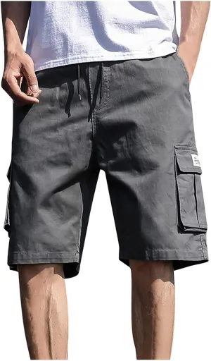 Men's Casual Cargo Shorts Summer Outdoor Drawstring Elastic Waist Workout Gym Athletic Activewear with Multi Pockets