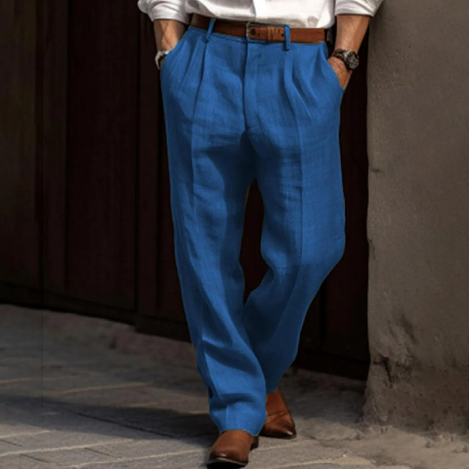 Men's Casual Fashion Pants Lightweight Linen Pants Drawstring Elastic Waist Bagger Trousers Outdoor Streetwear