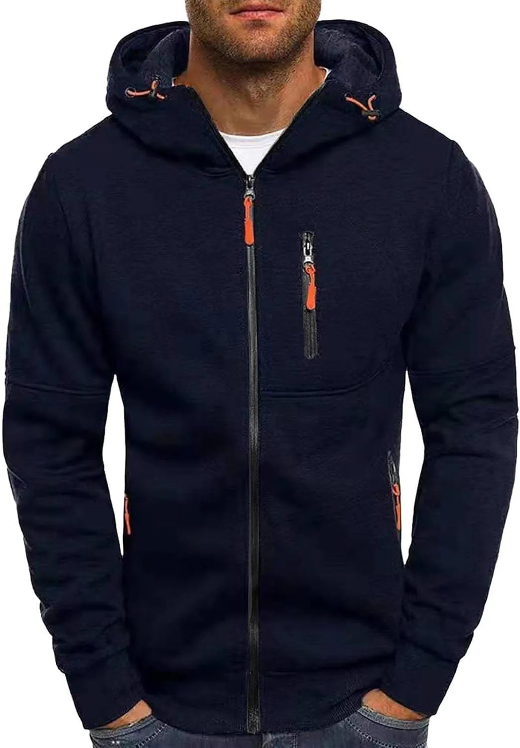 Mens Casual Zipper Hoodies Patchwork Jacket Fall Full Zip Sweatshirts Loose Zip-Front Drawstring Hooded Sweatshirt