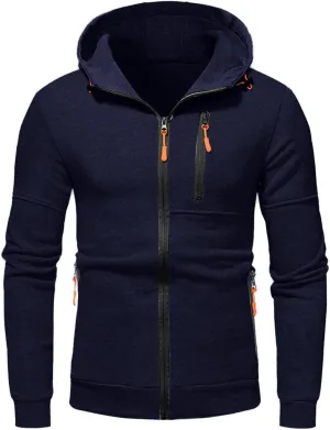 Mens Casual Zipper Hoodies Patchwork Jacket Fall Full Zip Sweatshirts Loose Zip-Front Drawstring Hooded Sweatshirt