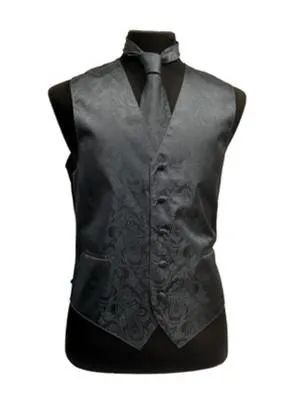 Men's Charcoal Paisley Vest with Neck Tie