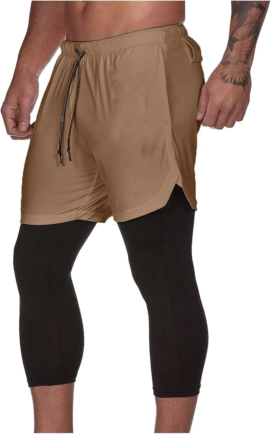 Men's Compression Pants with Liner High Waist Drawstring Elastic Stretchy Athletic Jogger Leggings Mens Activewear