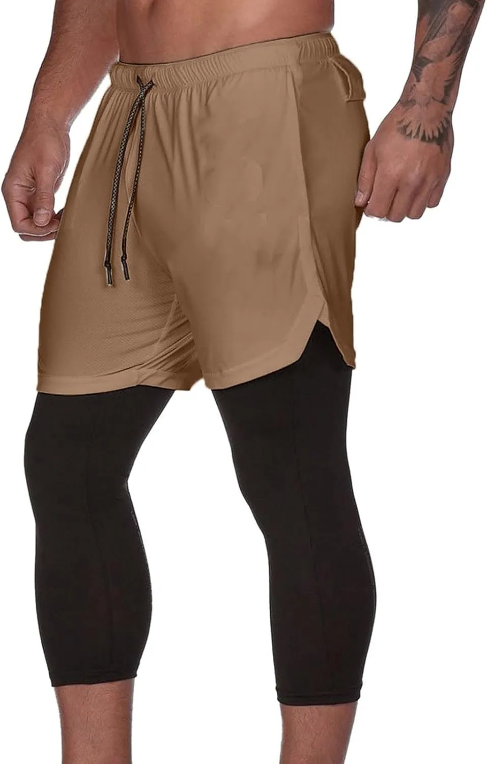 Men's Compression Pants with Liner High Waist Drawstring Elastic Stretchy Athletic Jogger Leggings Mens Activewear