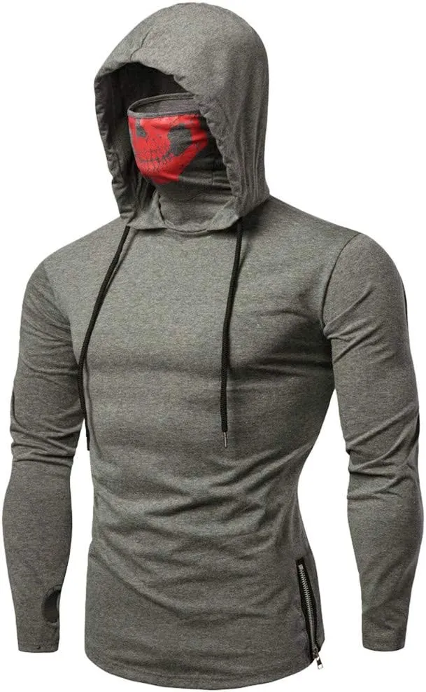 Mens Face_Cover Button Sports Sleeveless/Short/Long Sleeve Vest Hooded Splice Large Open-Forked Male Tank Tops Shirt Blouse