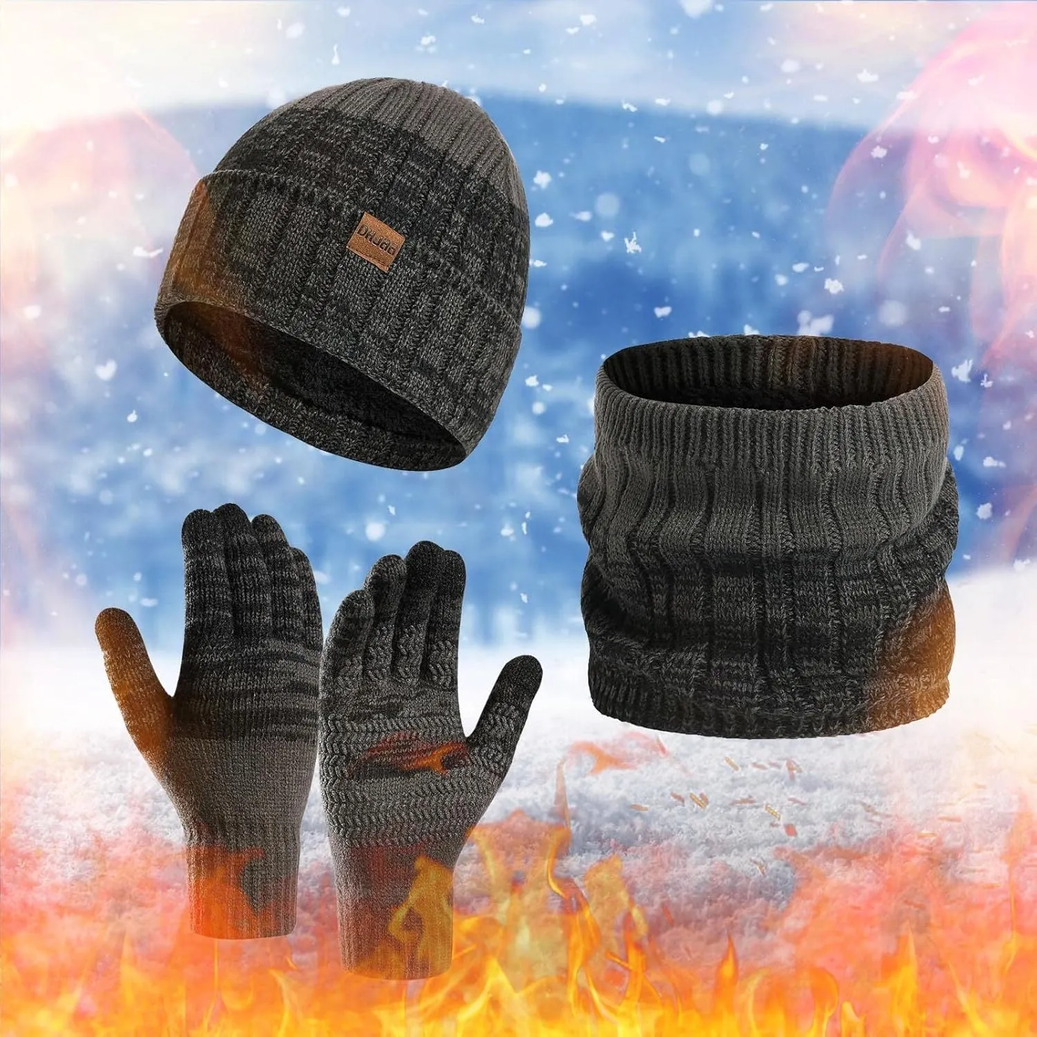Mens Hat Scarf Gloves Set Winter Thermal Beanie Neck Scarves Touchscreen Gloves Winter Clothes for Women