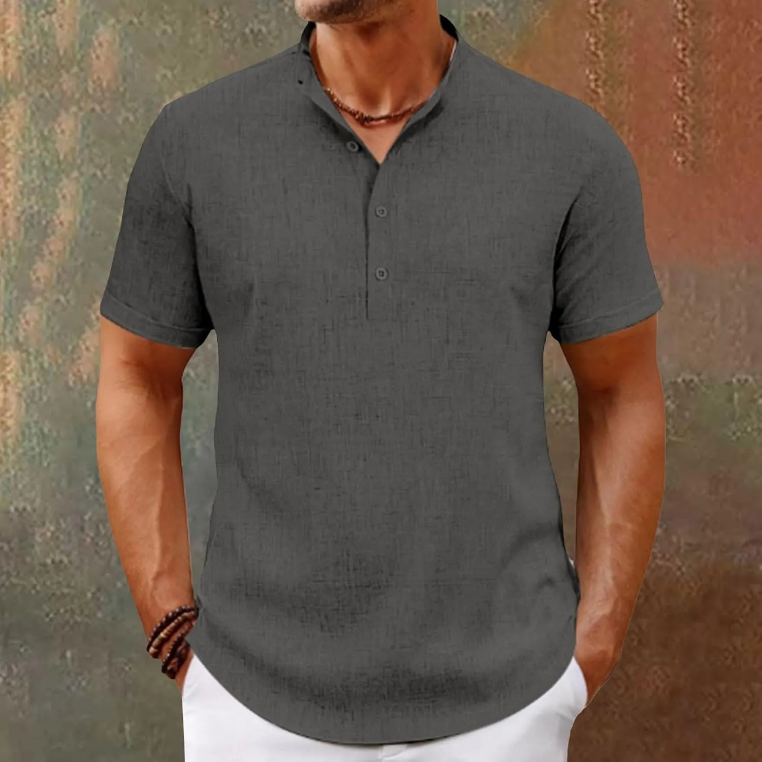 Men's Henley Collar T-Shirts Short Sleeve Casual Summer Beach Hippie Tees Button Up Lightweight Vacation Tops Clothes