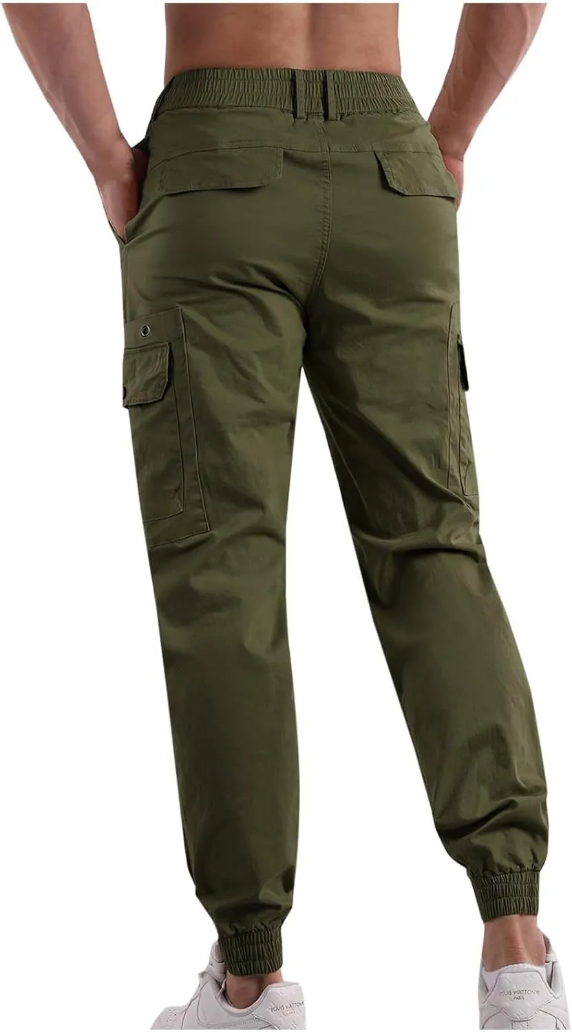 Mens Joggers Elastic Waist Cotton Sports Pants Athletic Workout Trousers Casual Hiking Work Cargo Pants Multi Pockets