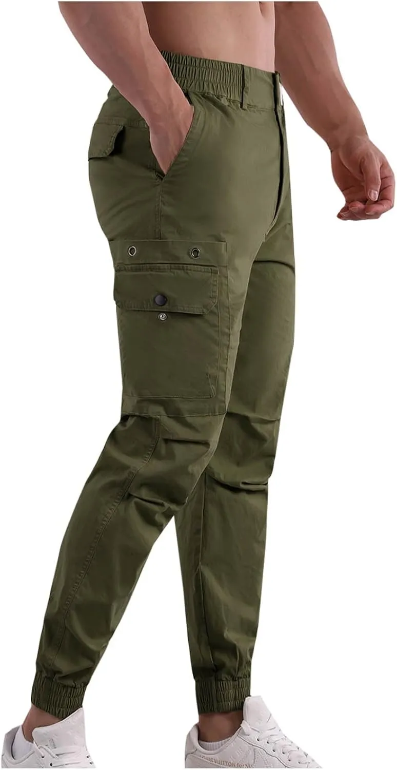Mens Joggers Elastic Waist Cotton Sports Pants Athletic Workout Trousers Casual Hiking Work Cargo Pants Multi Pockets