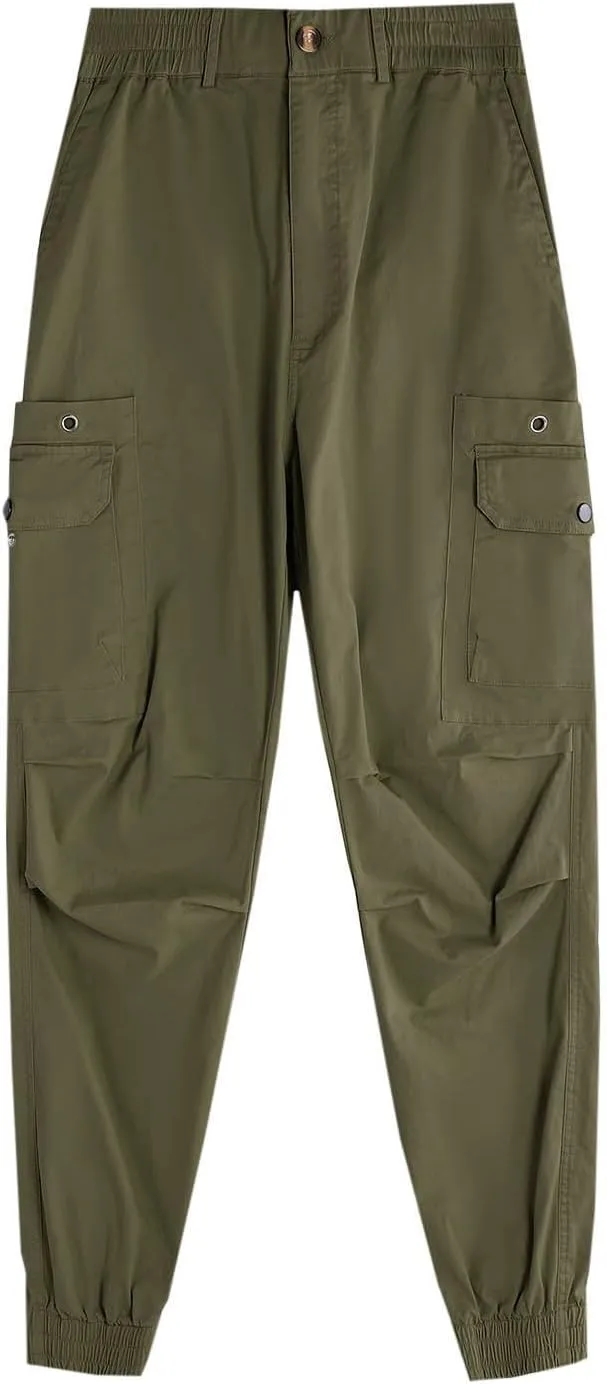 Mens Joggers Elastic Waist Cotton Sports Pants Athletic Workout Trousers Casual Hiking Work Cargo Pants Multi Pockets