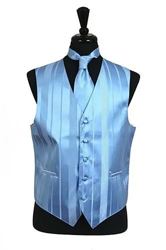 Men's Light Blue Striped Vest with Neck Tie and Bow Tie
