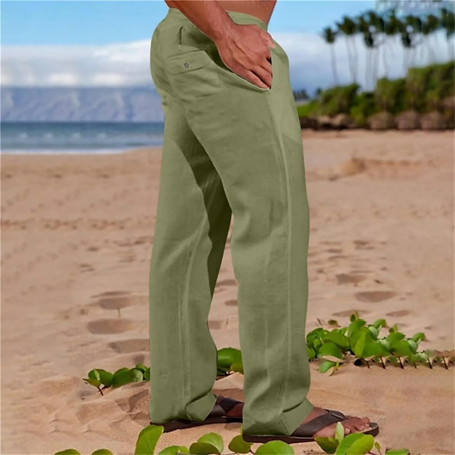 Mens Linen Harem Pants Cottton Loose Fit Beach Drawstring Elastic Waist Yoga Trousers Lightweight Work Hiking Pants
