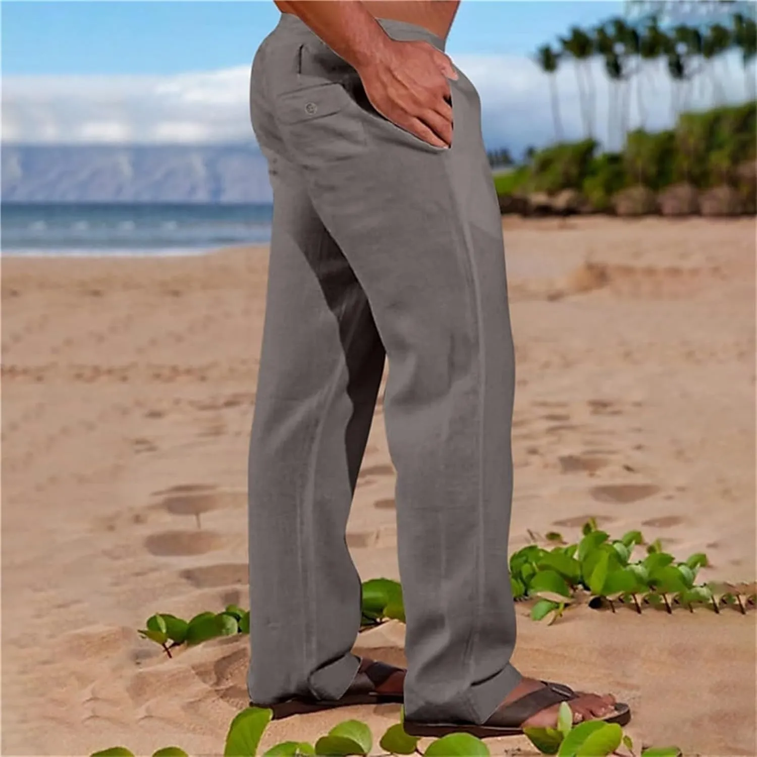 Mens Linen Harem Pants Cottton Loose Fit Beach Drawstring Elastic Waist Yoga Trousers Lightweight Work Hiking Pants