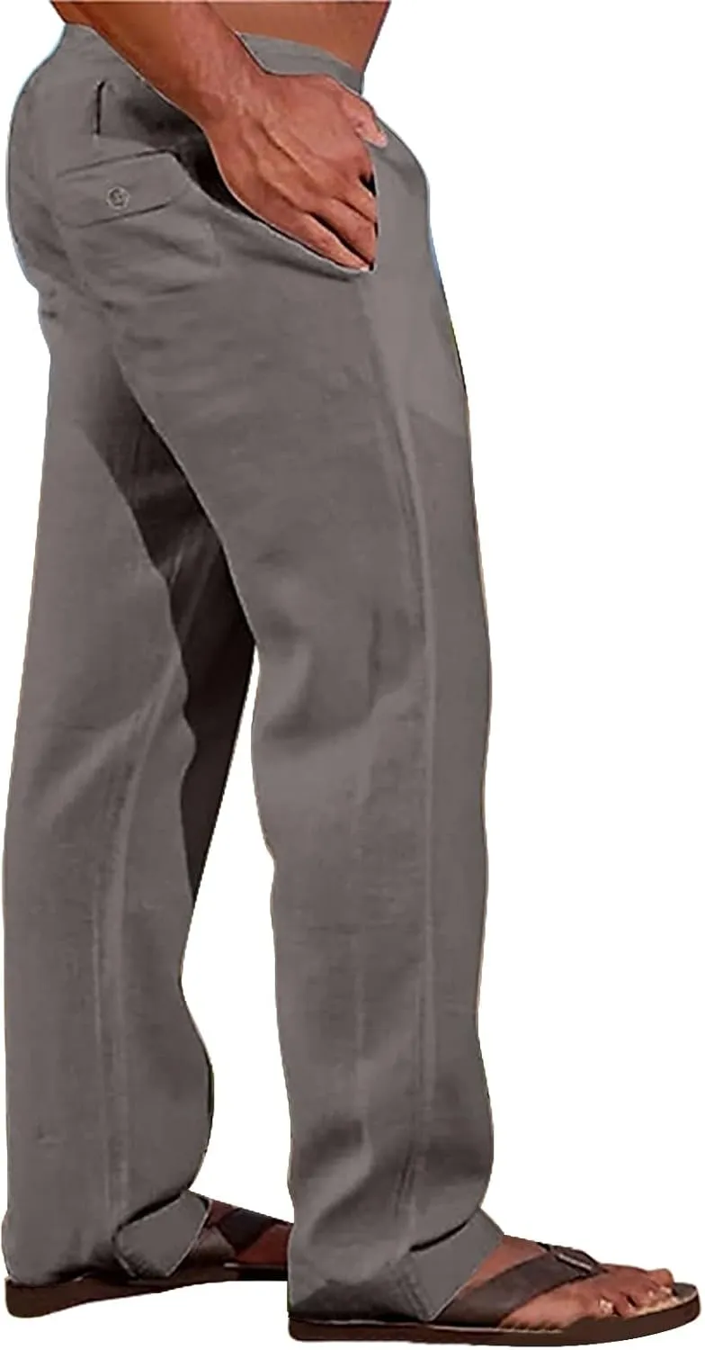 Mens Linen Harem Pants Cottton Loose Fit Beach Drawstring Elastic Waist Yoga Trousers Lightweight Work Hiking Pants