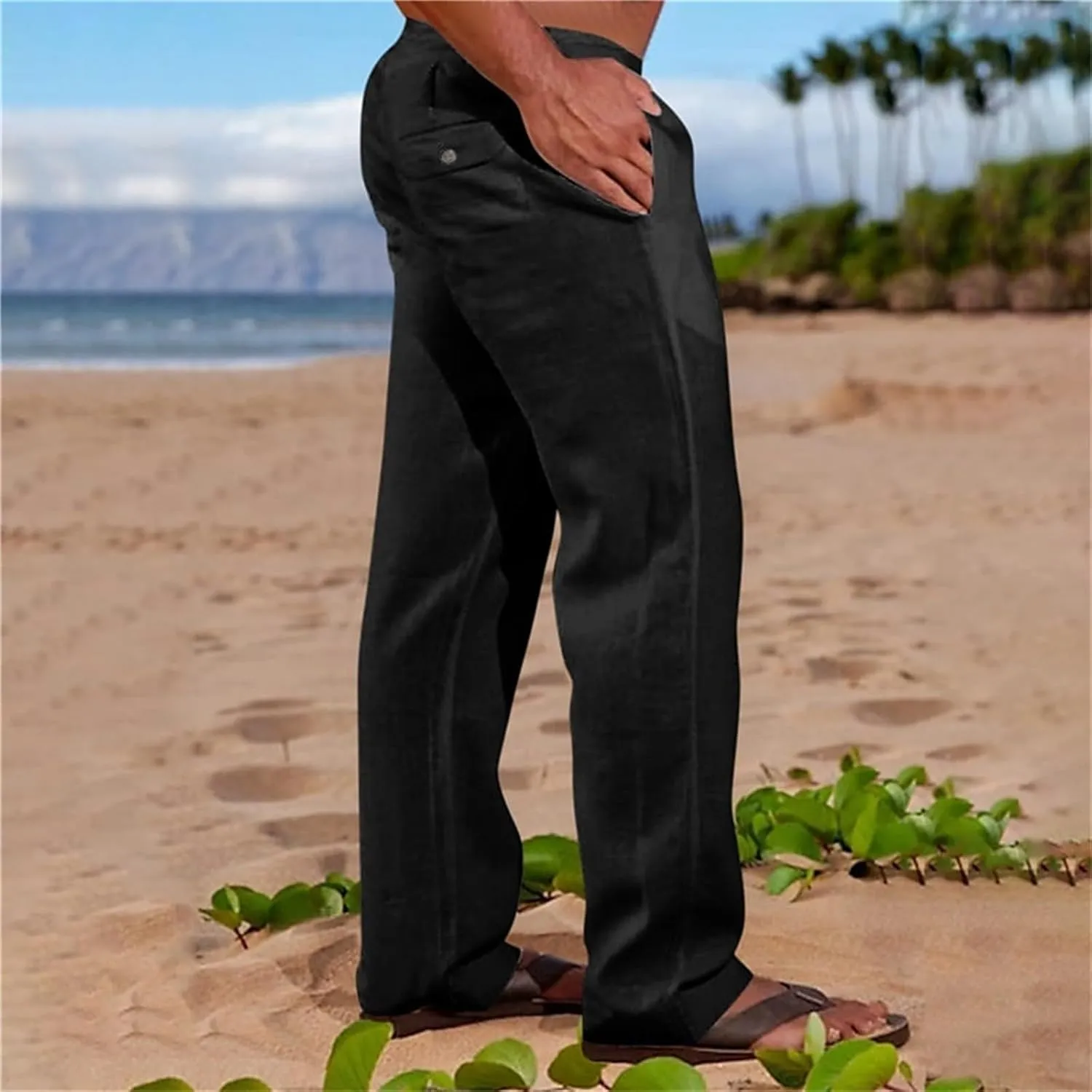 Mens Linen Harem Pants Cottton Loose Fit Beach Drawstring Elastic Waist Yoga Trousers Lightweight Work Hiking Pants