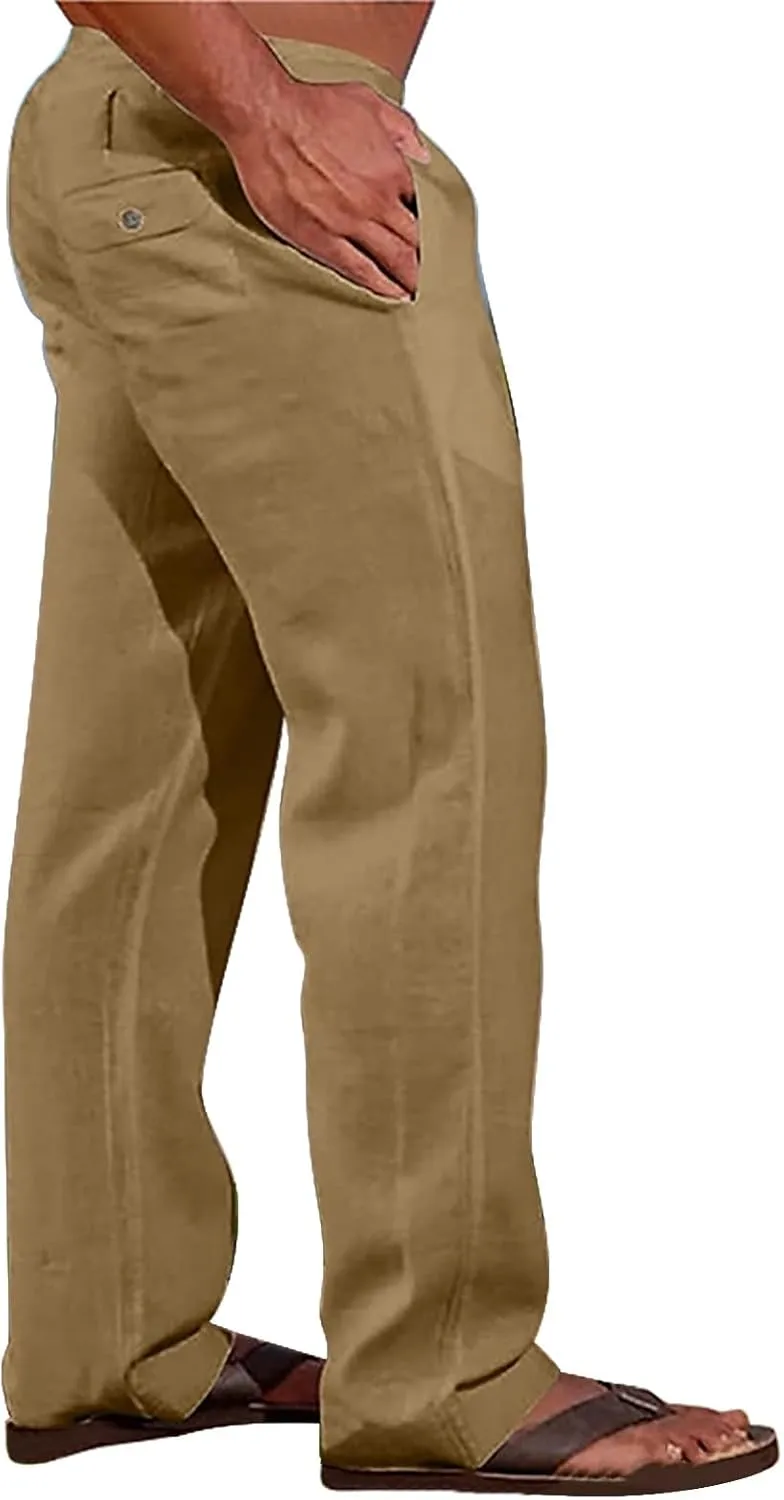 Mens Linen Harem Pants Cottton Loose Fit Beach Drawstring Elastic Waist Yoga Trousers Lightweight Work Hiking Pants