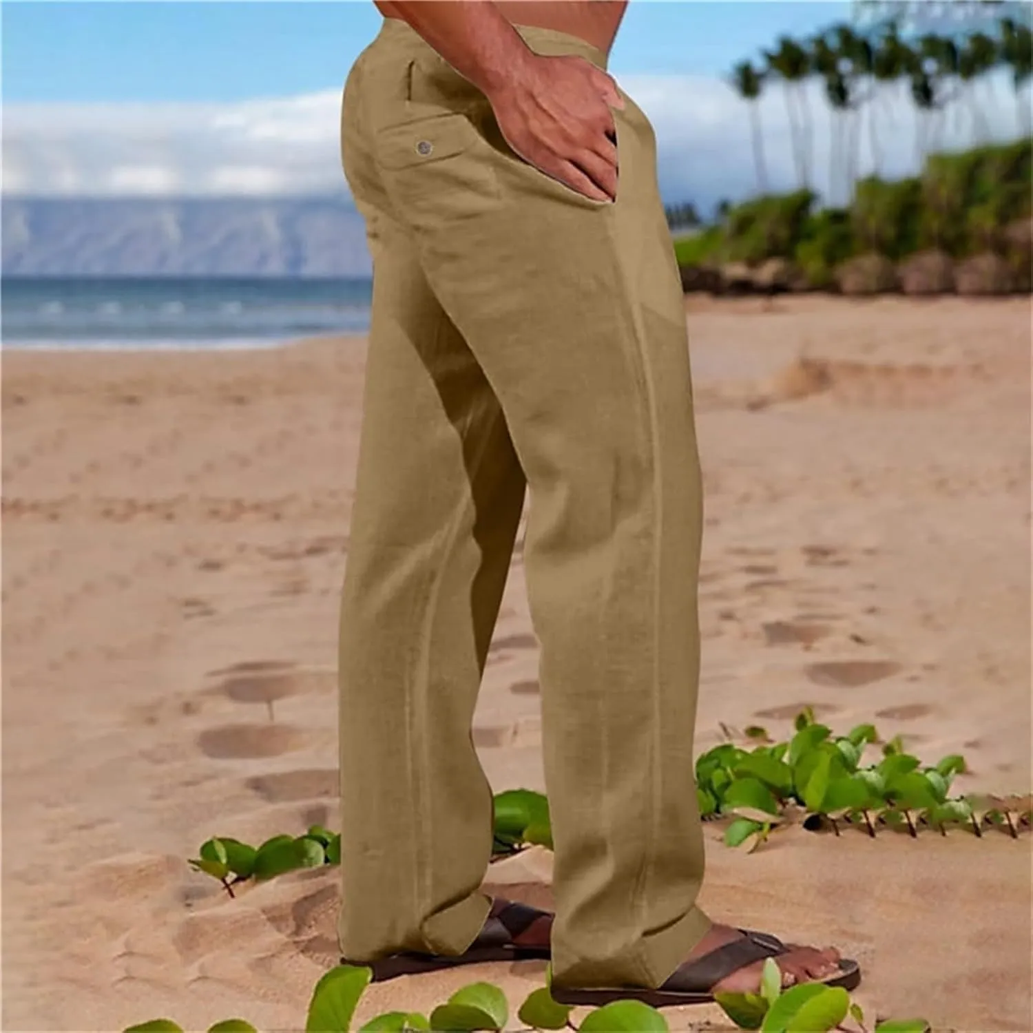 Mens Linen Harem Pants Cottton Loose Fit Beach Drawstring Elastic Waist Yoga Trousers Lightweight Work Hiking Pants