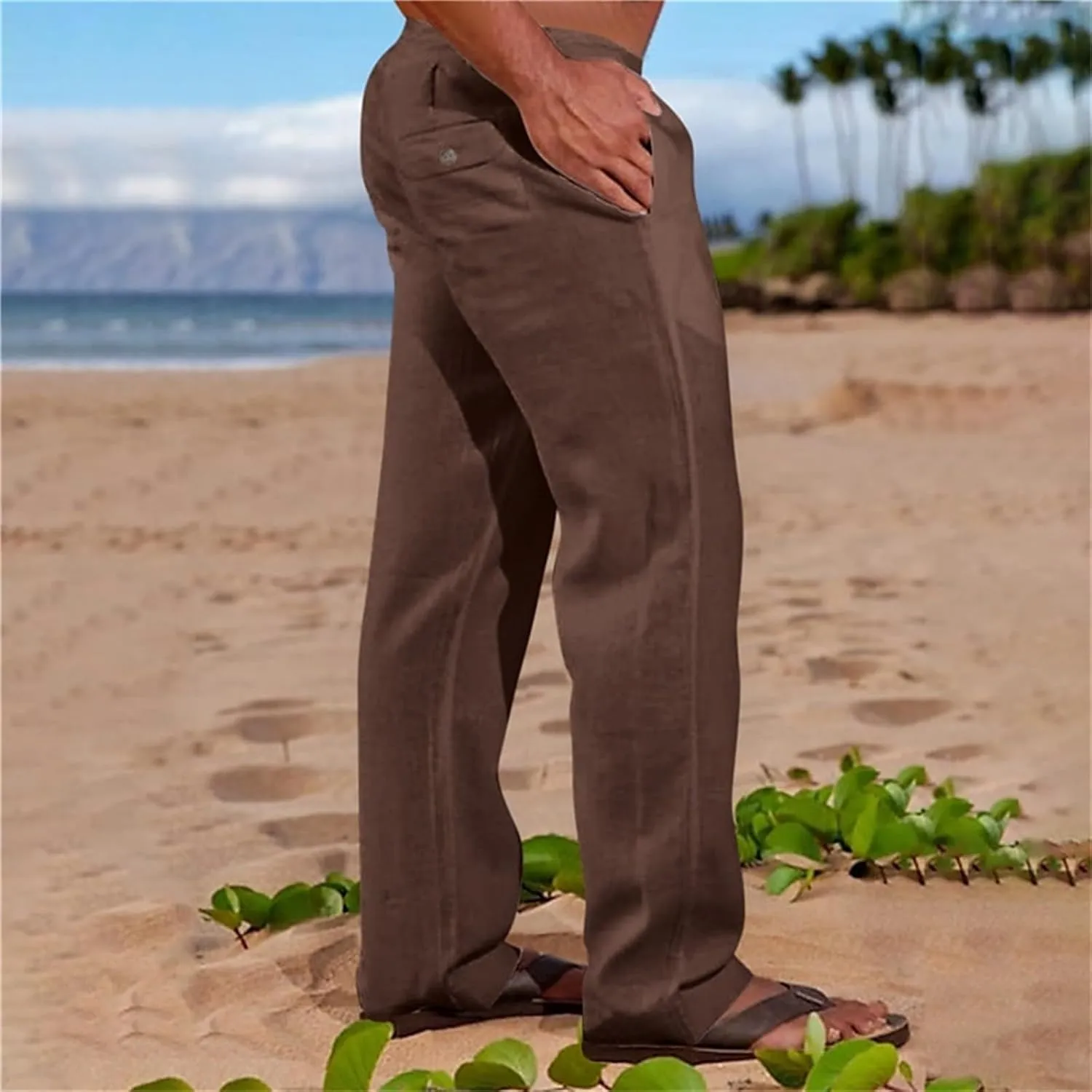 Mens Linen Harem Pants Cottton Loose Fit Beach Drawstring Elastic Waist Yoga Trousers Lightweight Work Hiking Pants
