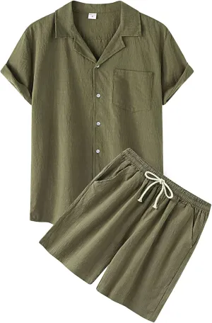 Mens Linen Set 2 Piece Casual Outfits Cuban Shirts Shorts Beach Vacation Outfits Jogger Sports Set Short Summer Set Sweatsuit