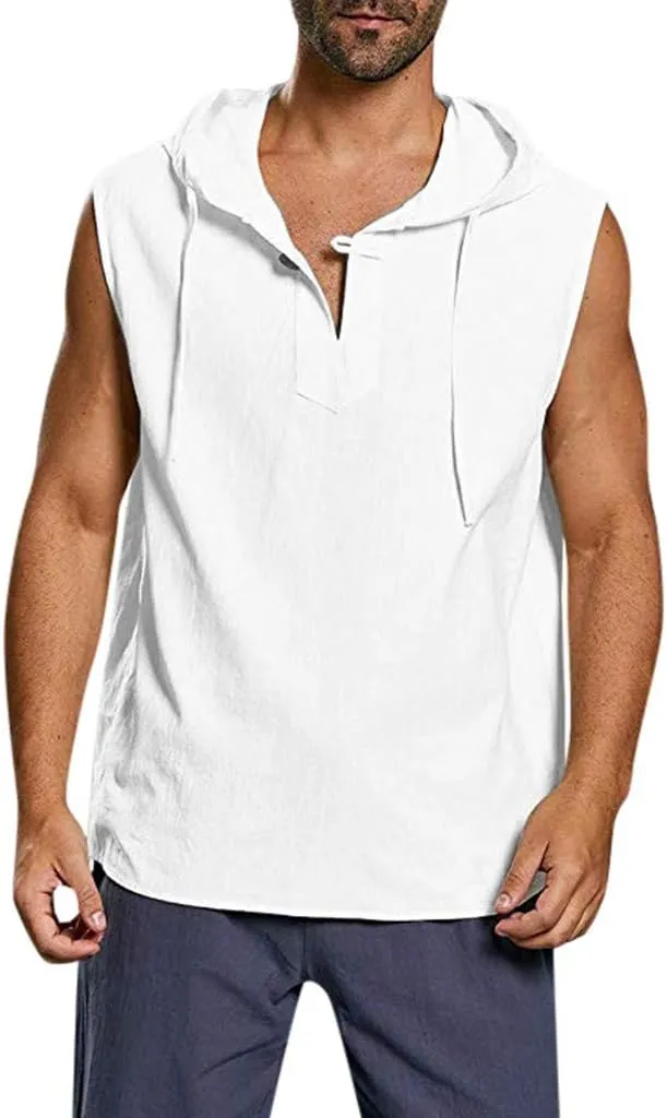 Mens Linen Tank Top Sleeveless Hoodies Lightweight T-Shirt Summer Casual Fashion Shirt Gym Sports Textured Undershirt