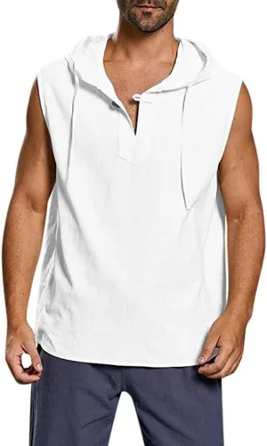 Mens Linen Tank Top Sleeveless Hoodies Lightweight T-Shirt Summer Casual Fashion Shirt Gym Sports Textured Undershirt