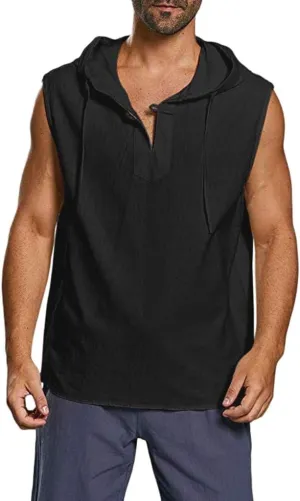 Mens Linen Tank Top Sleeveless Hoodies Lightweight T-Shirt Summer Casual Fashion Shirt Gym Sports Textured Undershirt