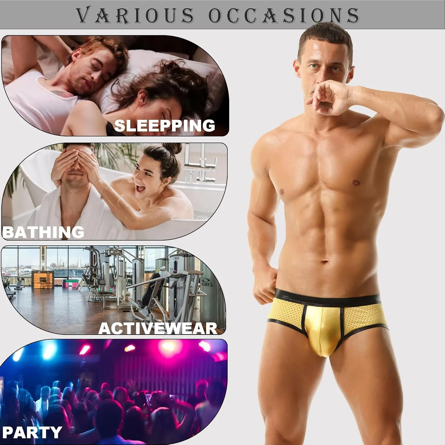Men's Metallic Boxer Shorts Mesh Boxer Briefs Low Rise Rave Shorts for Clubwear