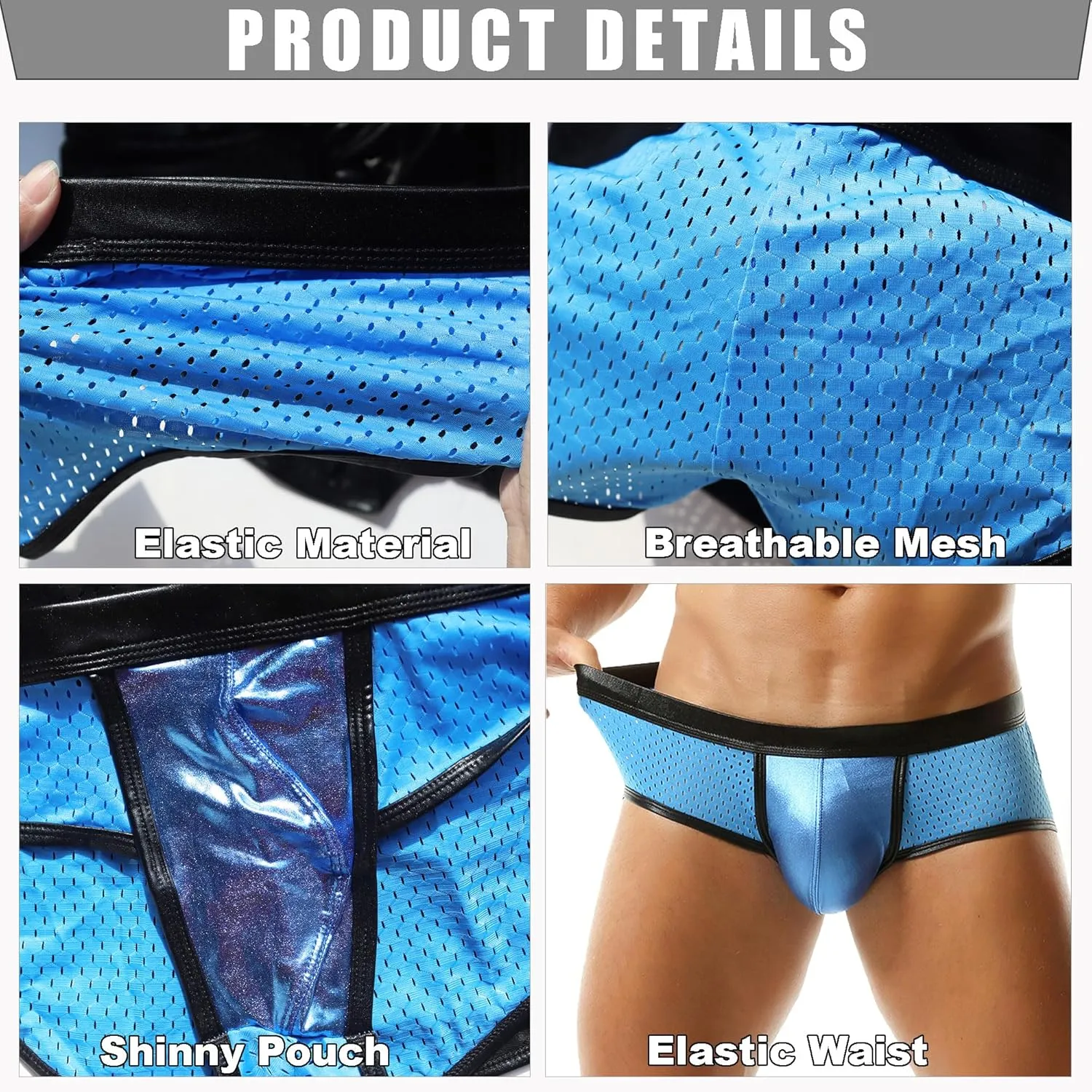 Men's Metallic Boxer Shorts Mesh Boxer Briefs Low Rise Rave Shorts for Clubwear