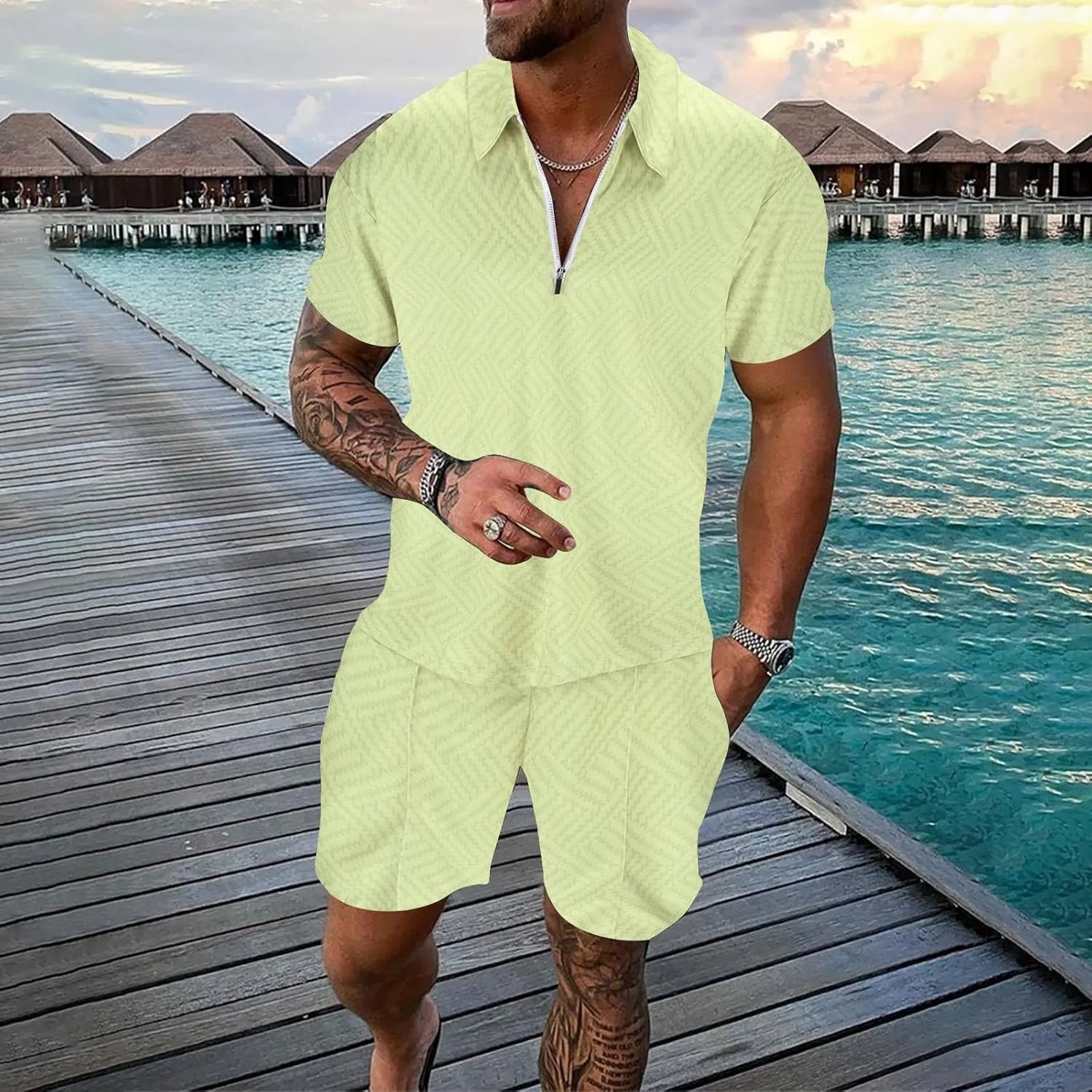 Men's Polo Shirt and Shorts Set Casual Short Sleeve Tracksuit 2 Piece Outfits Summer Golf Sweatsuits Beach Vacation Outfits