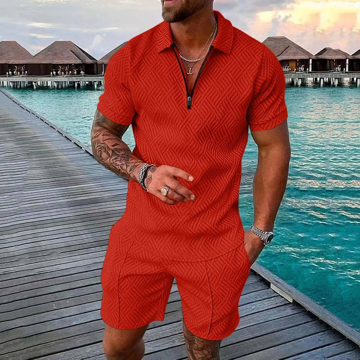 Men's Polo Shirt and Shorts Set Summer Outfits Fashion Casual Short Set 2 Piece Golf Tracksuit Sport Suit Vacation Beach Set