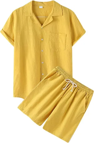 Men's Shirt Shorts Sets Summer Linen Outfits 2 Piece Casual Button Down Shirt Shorts Set Beach Vacation Outfits Tracksuits