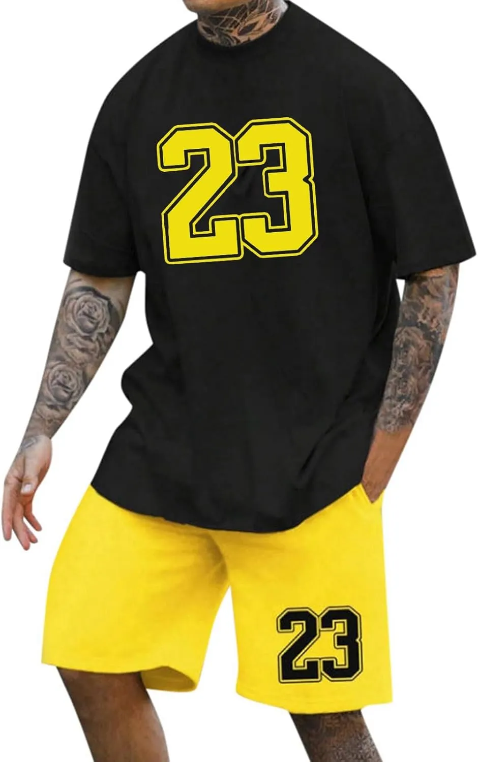 Men's Shirts and Shorts Set 2 Piece Summer Outfits Short Sleeve Striped Round Neck Casual Sport Tracksuit for Men Men 2 Piece Set Yellow