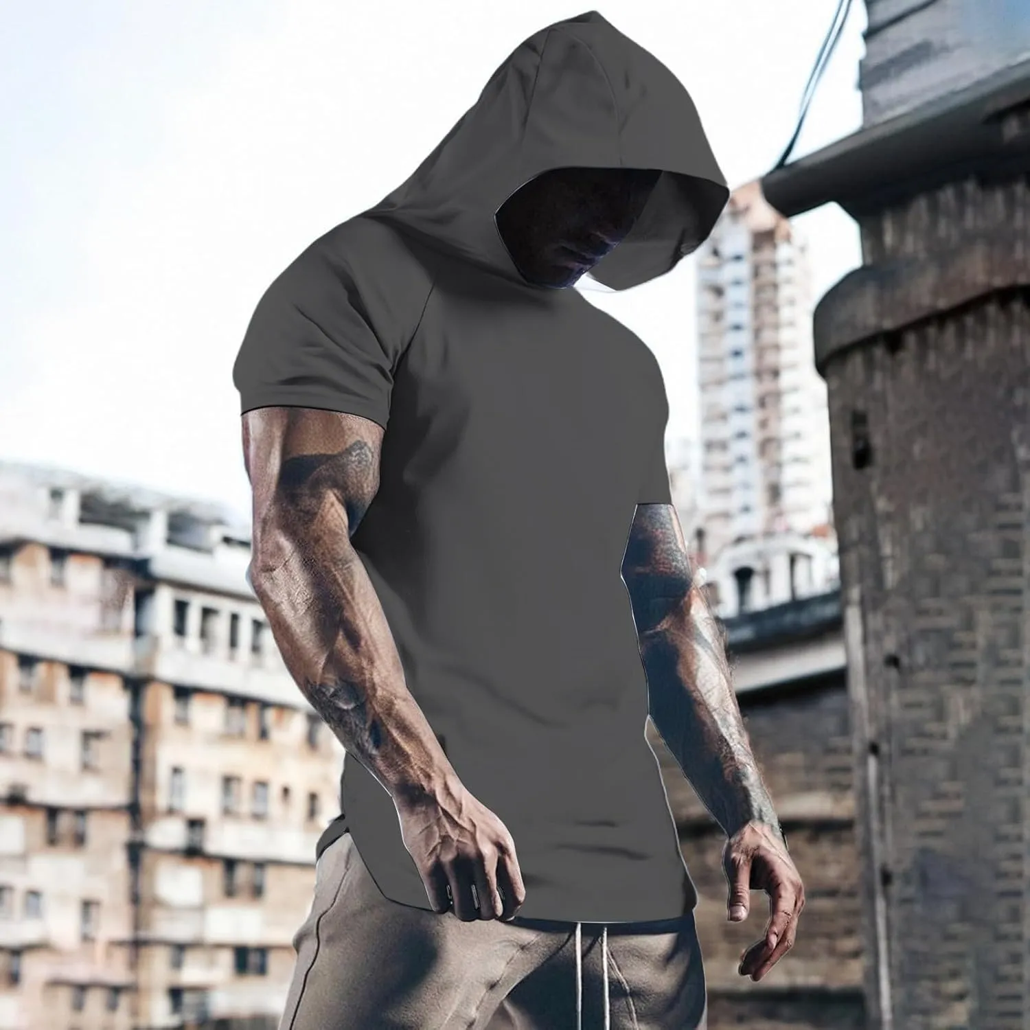 Mens Short Sleeve Hoodie Casual Loose Fit Gym Workout Tshirt Summer Sports Lightweight Training Athletic Undershirt