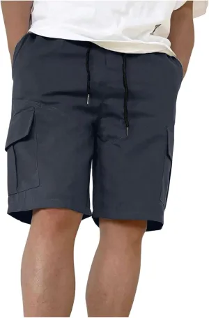 Mens Shorts Casual Relaxed Fit Outdoor Camping Cargo Shorts Athletic Gym Elastic Waist Activewear with 6 Pockets