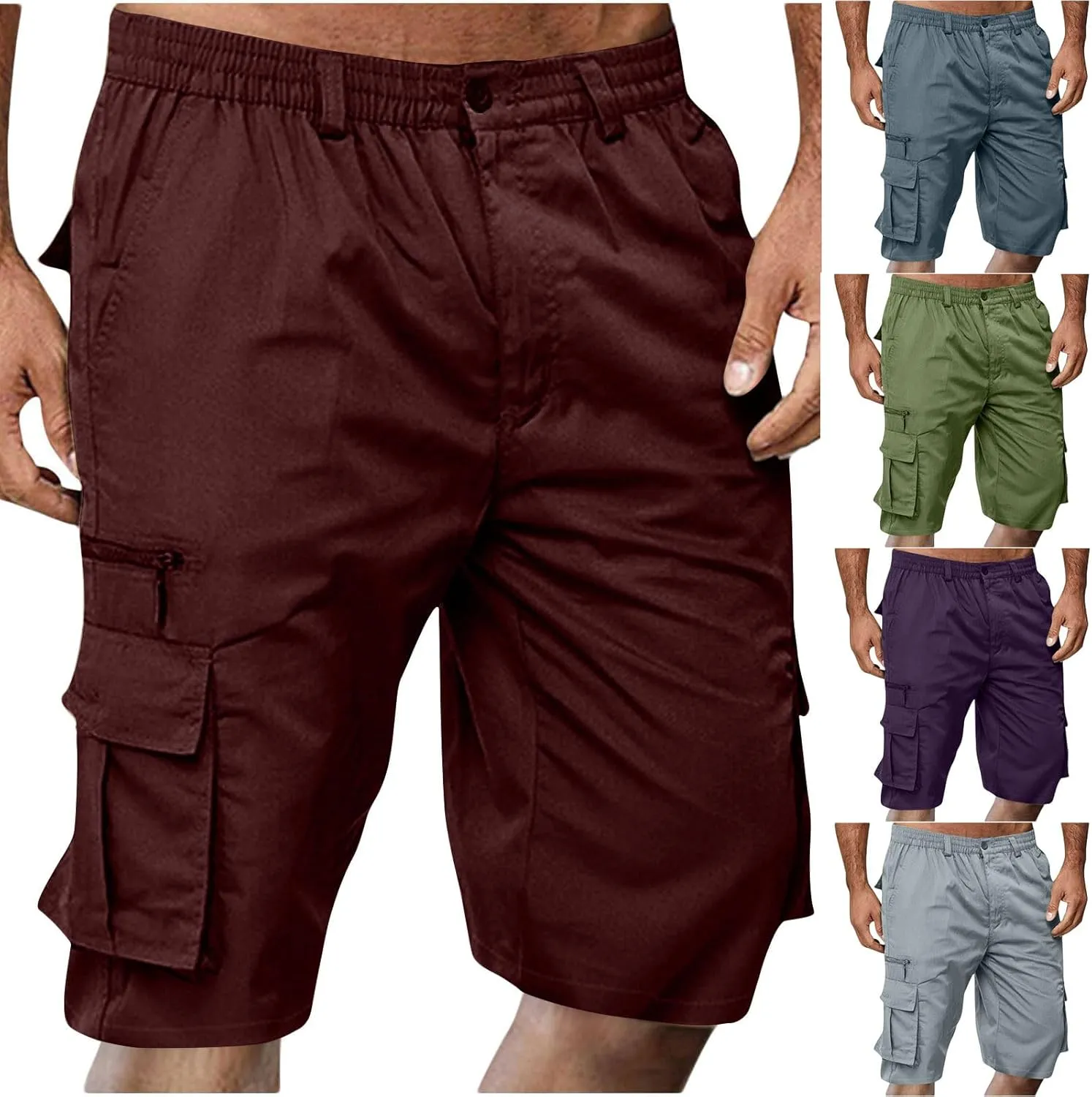 Mens Shorts Casual Relaxed Fit Outdoor Camping Cargo Shorts Athletic Gym Elastic Waist Activewear with 6 Pockets