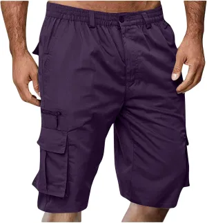 Mens Shorts Casual Relaxed Fit Outdoor Camping Cargo Shorts Athletic Gym Elastic Waist Activewear with 6 Pockets